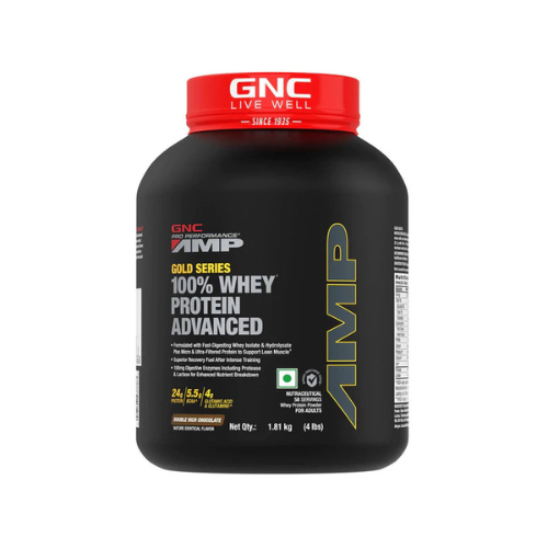 GNC AMP Gold Series 100% Whey Protein 4 lbs Double Rich Chocolate container