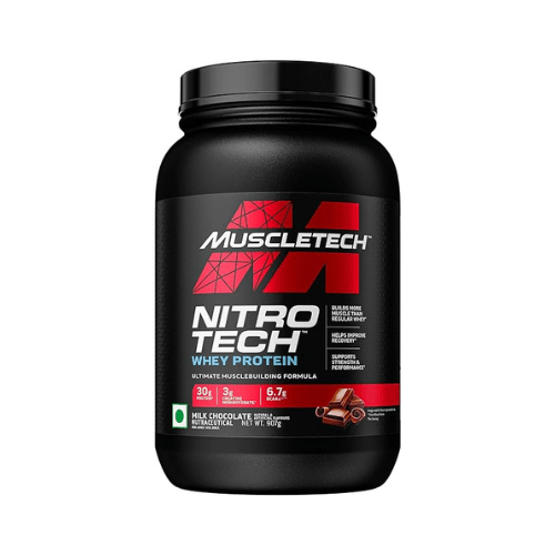 MuscleTech NitroTech Whey Protein 907 g Milk Chocolate container