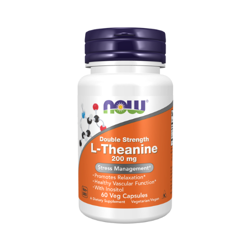 NOW Foods L-Theanine 200 mg double strength veg capsules bottle