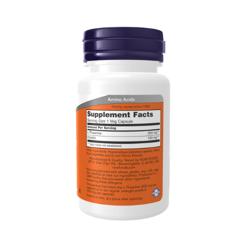 NOW Foods L-Theanine 200 mg double strength veg capsules bottle