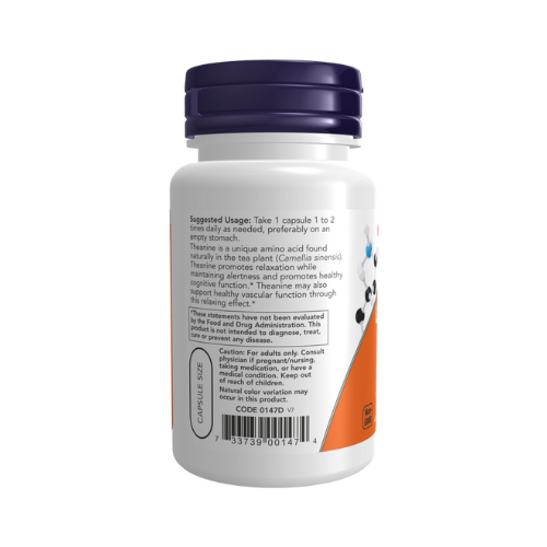 NOW Foods L-Theanine 200 mg double strength veg capsules bottle