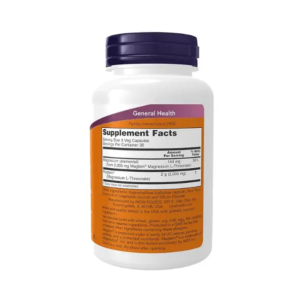 NOW Foods Magtein magnesium L-threonate veggie capsules bottle