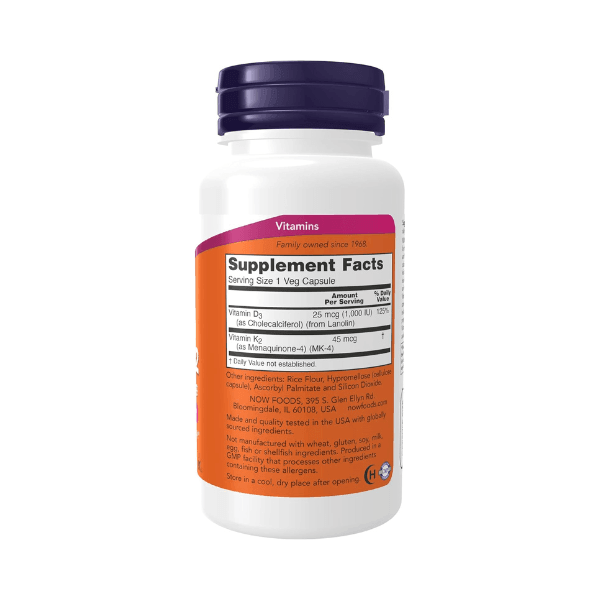 NOW Foods Vitamin D-3 & K-2, 1,000 IU/45 mcg, 120 veg Capsules Now Foods