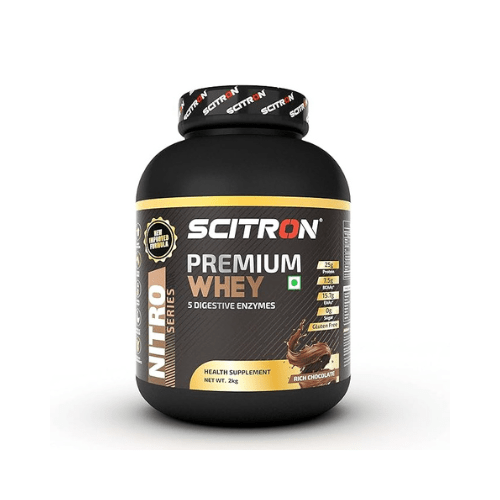 SCITRON Nitro Series Premium Whey 2Kg Rich Chocolate (58 Servings, 25g Protein, 9.5g BCAAs, 15.7g EAAs, 0g Sugar) Scitron
